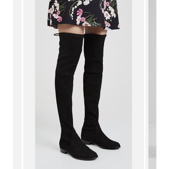 Stuart Weitzman Black Suede Lowland Over-The-Knee Flat Heel Lace up Boots 7 - Picture 1 of 16